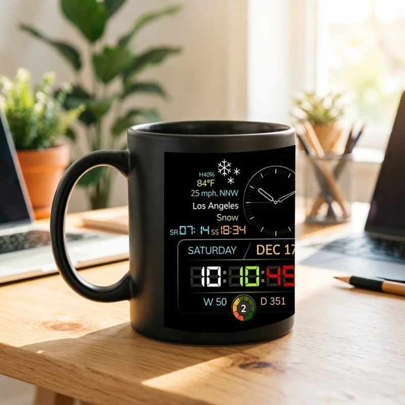 Dimensions of the ceramic mug shown with a measuring tool